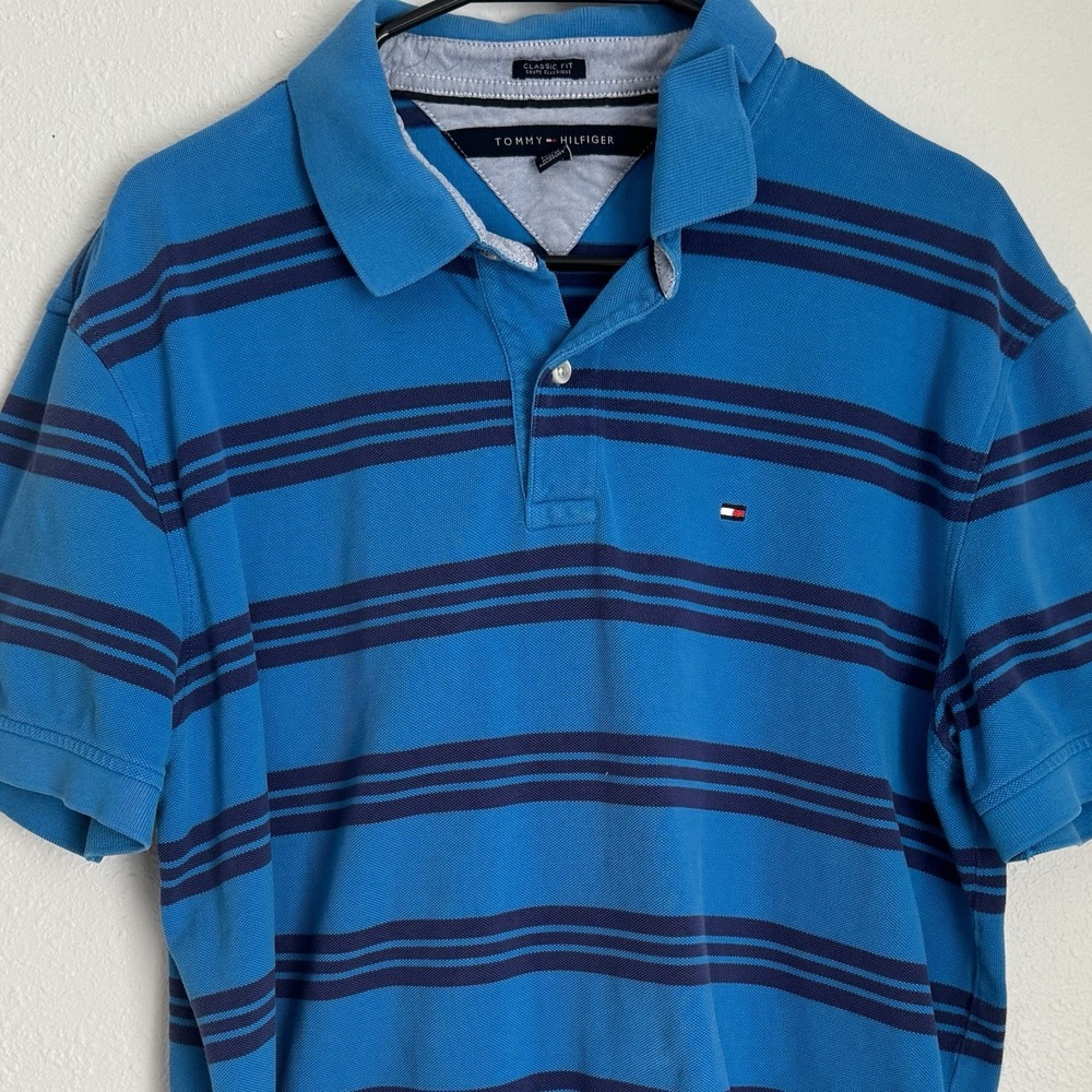 Tommy Hilfiger Men's XL Classic Fit Striped Polo Blue 100% Cotton